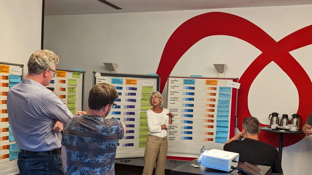Betriebsräte als Interessenvertreterinnen und Interessenvertreter der Belegschaften spüren diesen Veränderungsdruck oft frühzeitig. Gleichzeitig haben sie ein großes Interesse daran, den Erfolg des Unternehmens zu erhöhen. In unserer Workshop-Reihe „Trafo-Check-Up“ können die Betriebsräte Transformationstreiber in ihren Betrieben erkennen und bewerten. Der Workshop fand zuletzt wieder mit 15 Teilnehmenden aus 6 Autozulieferbetrieben verschiedener Betriebsgrößen statt. Dabei waren Betriebsräte aus Unternehmen, die bereits aktiv die Transformation vom Verbrenner zu Elektromobilität bearbeiten, aber auch solche, in denen dieser Wandel, gemessen am Transformationsdruck, noch zögerlich erfolgt. 