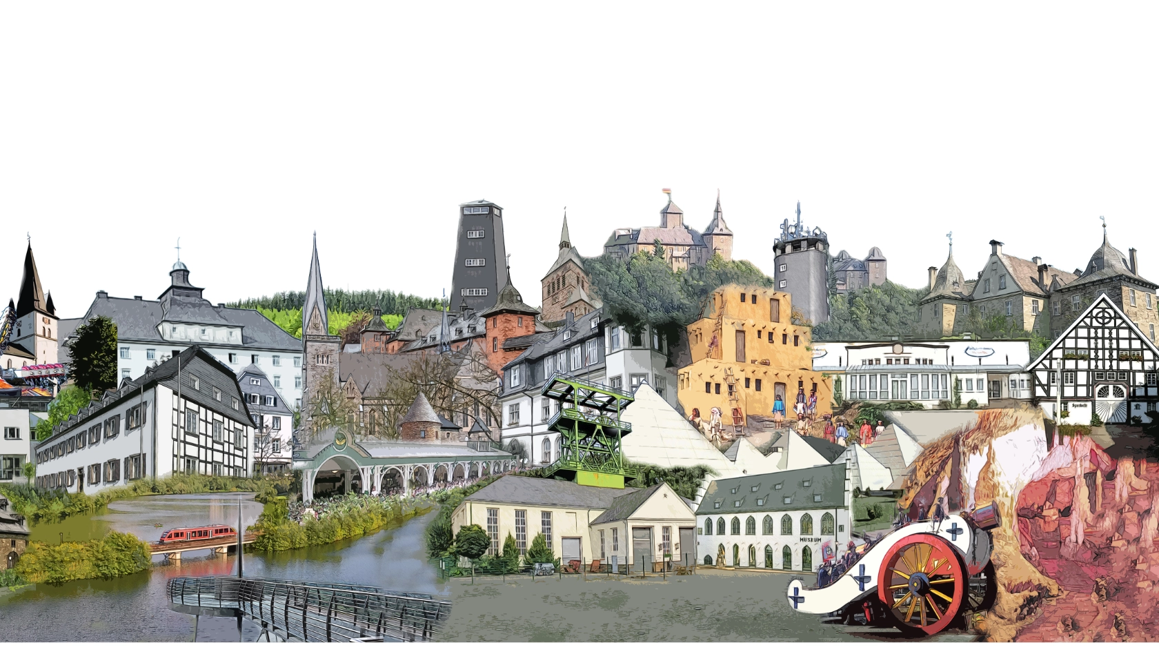 Eine Collage der Markenzeichen, Gebäude und Veranstaltungssymbole im Kreis Olpe