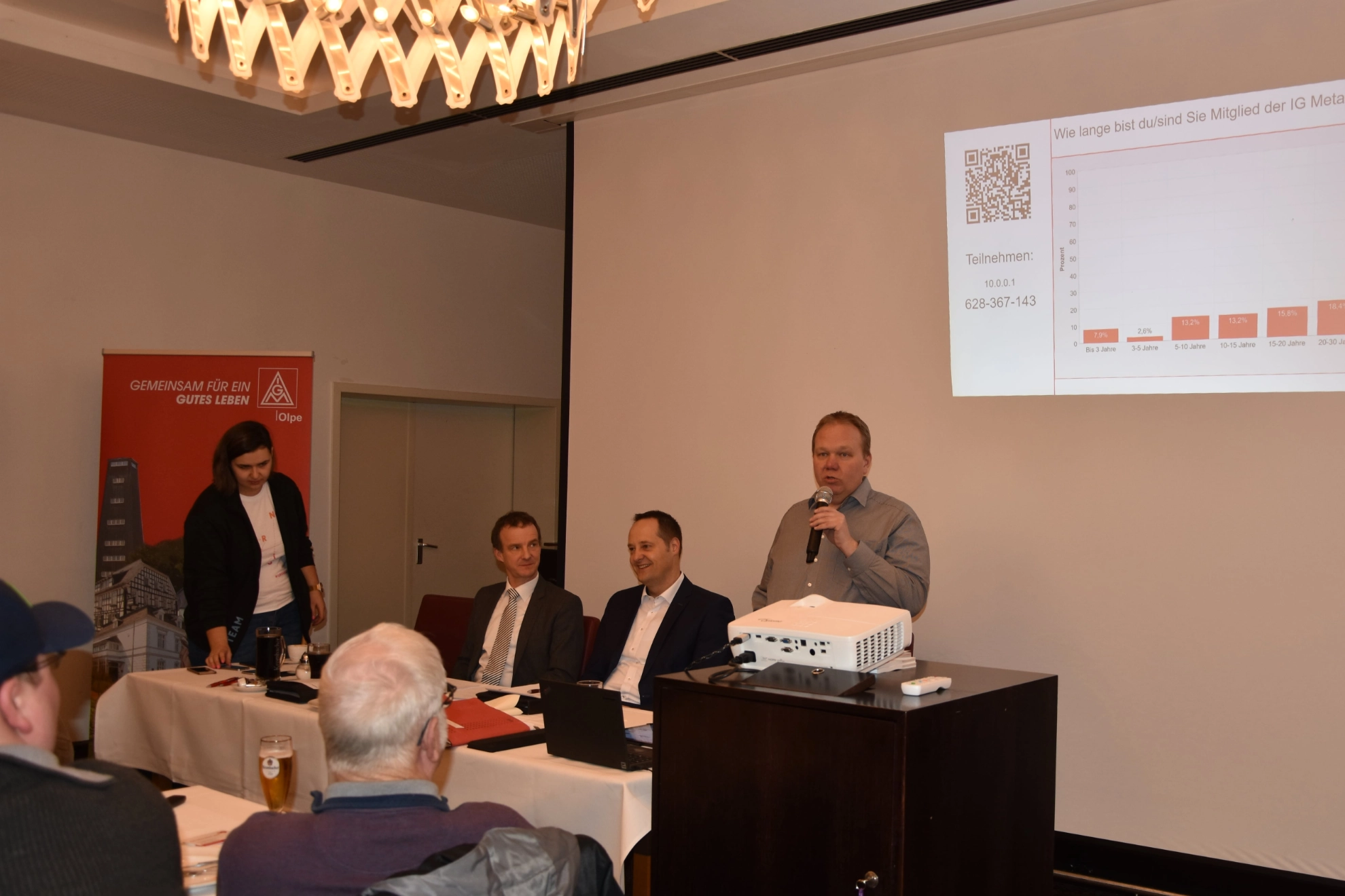 Andre Arenz begrüßt Wahlversammlung im Kolpinghaus Olpe zur ersten Wahlversammlung. Hinter ihm eine Leinwand mit Präsentation zum Thema.