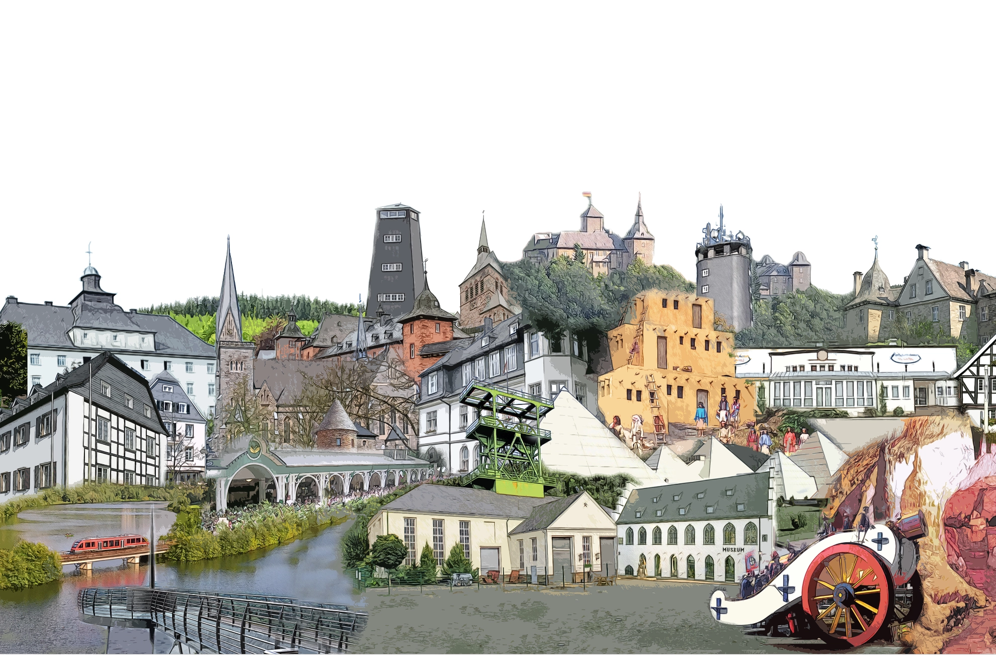 Eine Collage der Markenzeichen, Gebäude und Veranstaltungssymbole im Kreis Olpe